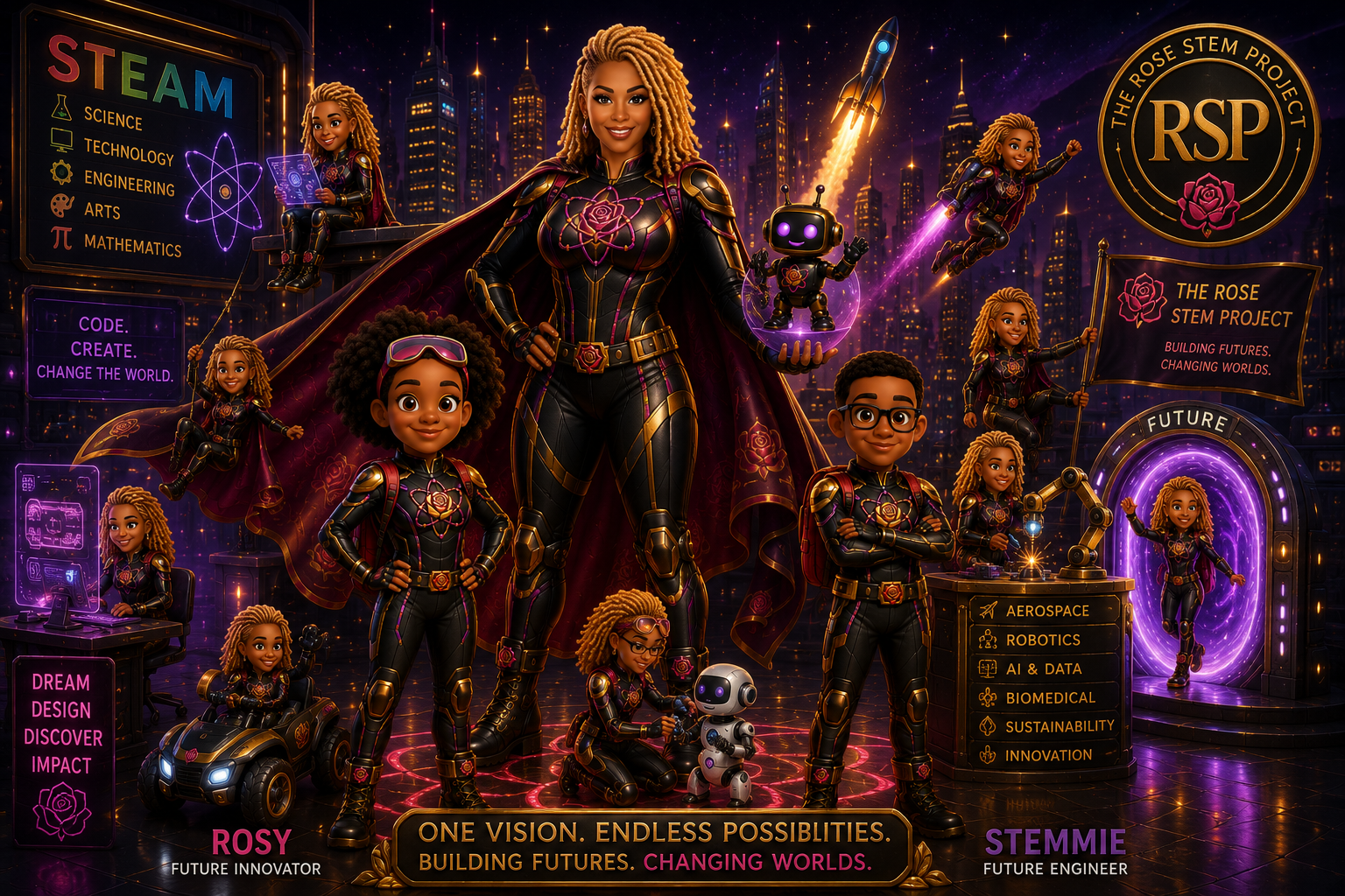 The ROSE STEM world: Tamara with Rosy and Stemmie and a team of young innovators among robotics, aerospace, AI and data, biomedical, sustainability, and innovation imagery